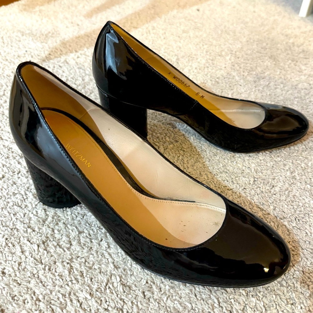 Black Stuart Weitzman Holly Patent Leather Block Heel Pumps